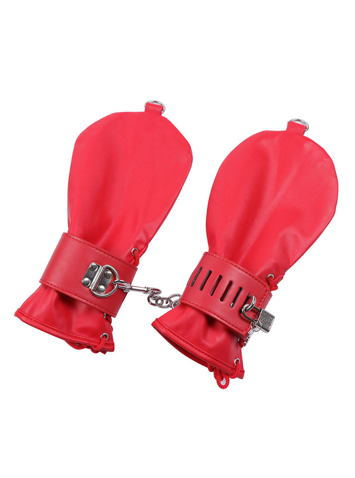 Pair of red PU leather pup play fist mitts connected by chain and locking cuffs