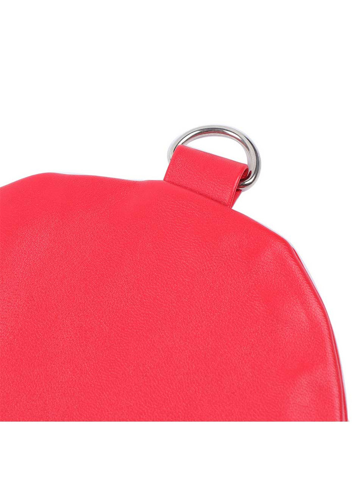 Side view of red pup play mitts with adjustable straps and D-rings