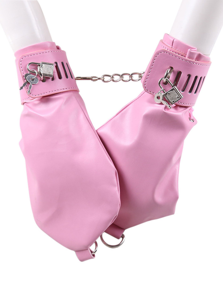 Pink pup play mitts worn on hands with connected locking chain