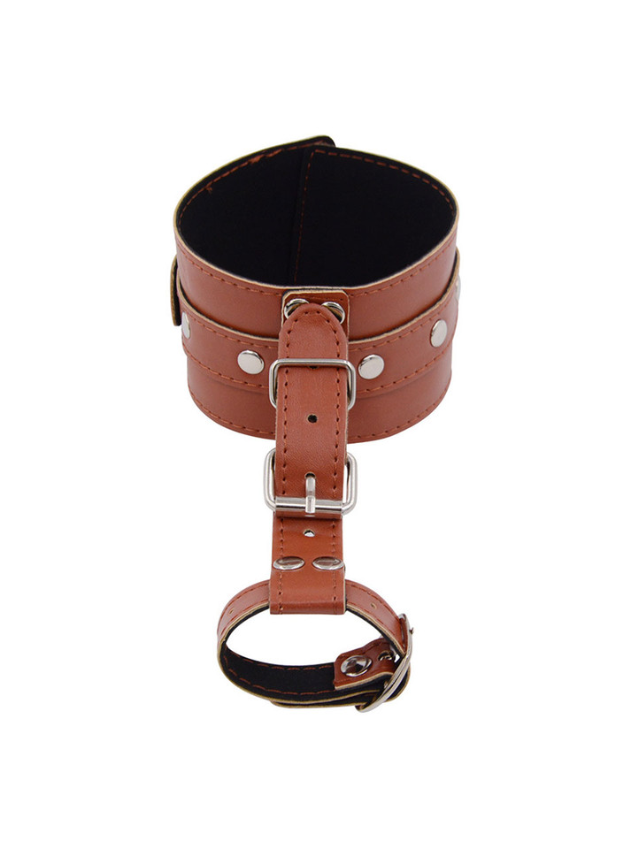 Brown thumb-to-wrist restraint angled view