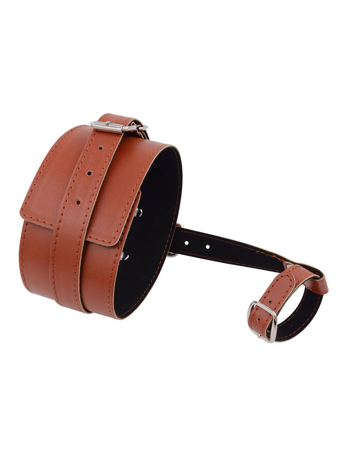 Side angle of brown PU leather foot cuff with connecting strap