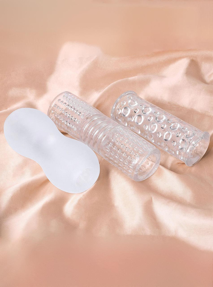 Transparent TPE stroker showing inner dot texture tunnel