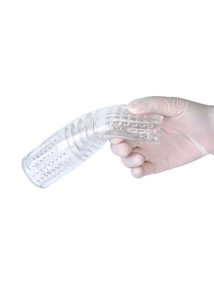 Transparent double-ended stroker with beaded and ribbed textures