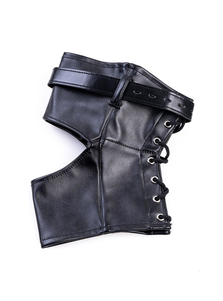 Black lace-up toe-to-ankle cuffs laid flat with strap