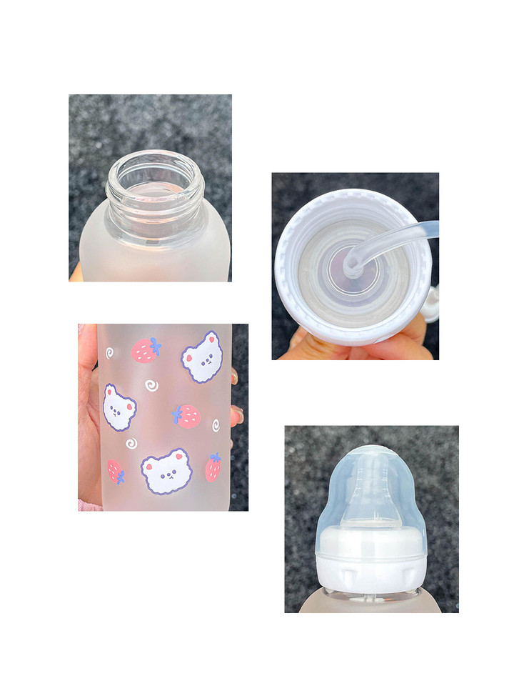 Adorable teddy bear and strawberry-designed adult bottle, showcasing a soft silicone nipple and unique gravity ball mechanism for upright or reclined use.