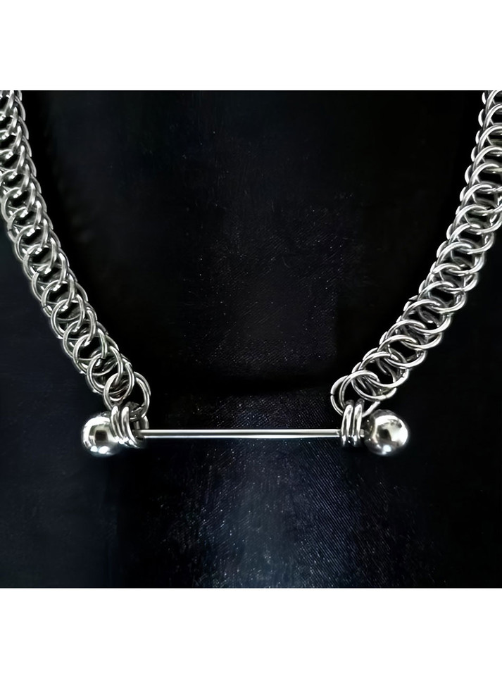 Close-up of titanium bar and chain collar on black background