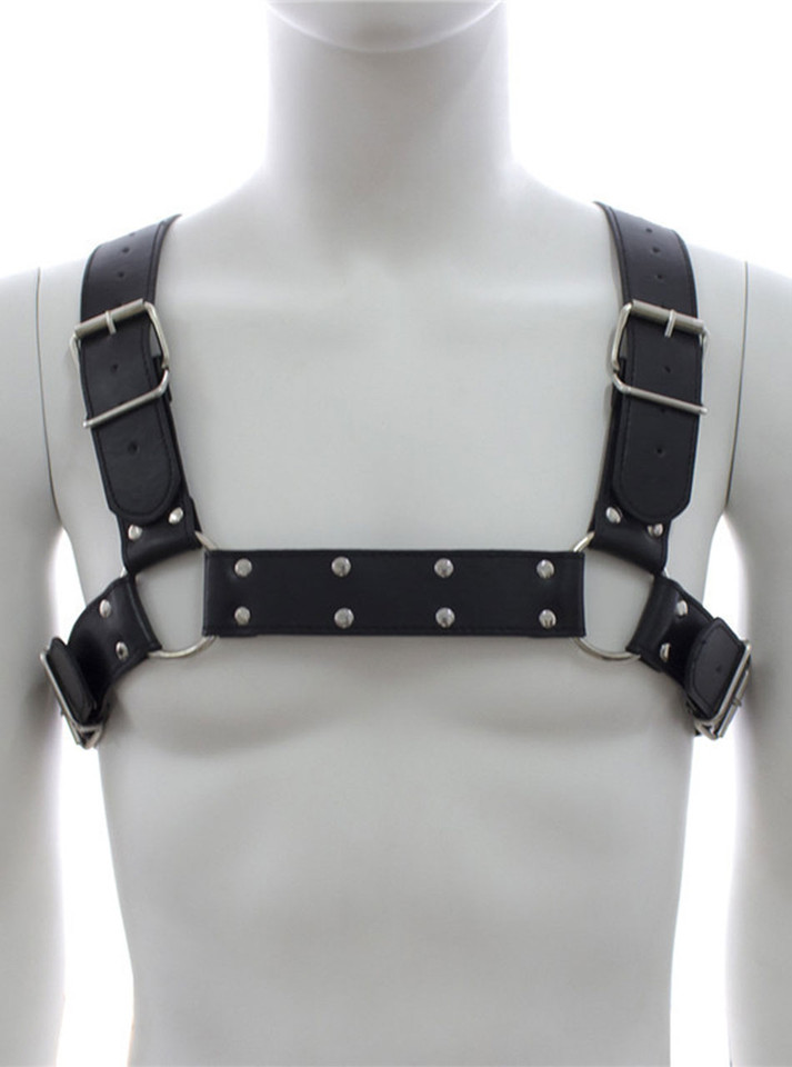 Frontal mannequin view of studded black chest harness