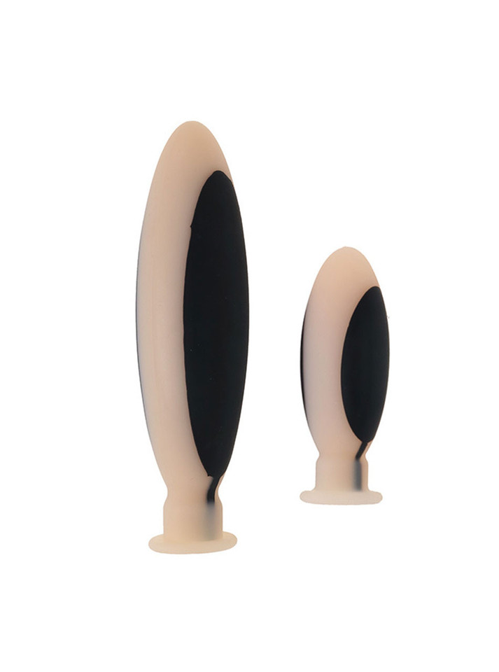 Large and small size comparison of silicone electric anal plug.
