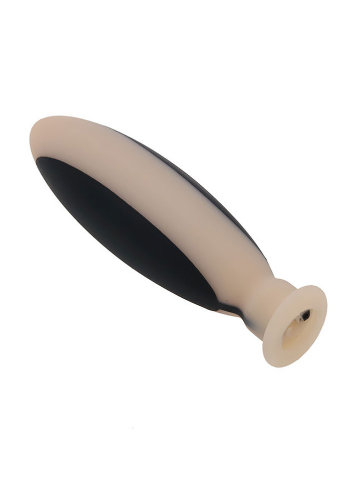 Silicone e‑stim anal plug, side view showing tapered flexible profile.