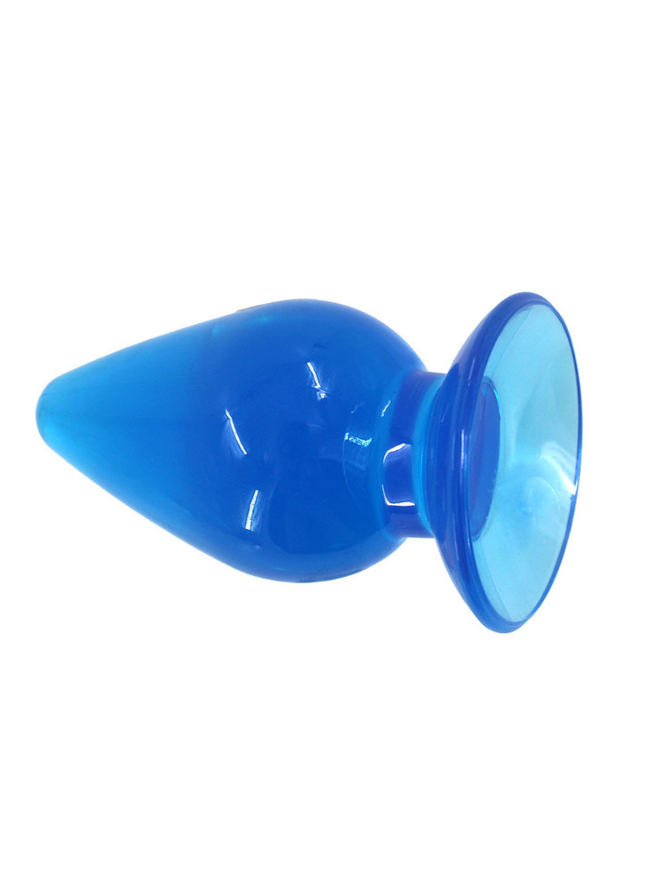 Side view of blue crystal drop TPE plug showing large teardrop head and flared base.