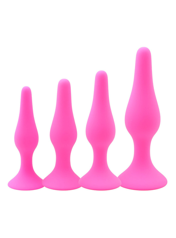 Hot pink silicone anal plug set with suction base - 4 sizes training kit
