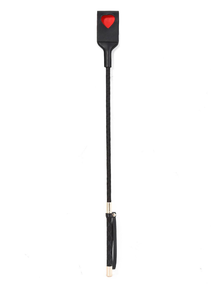 black PU leather riding crop with red heart cutout paddle tip