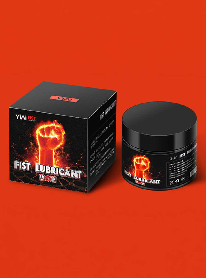 Fisting lubricant jar and packaging with fiery branding on red background