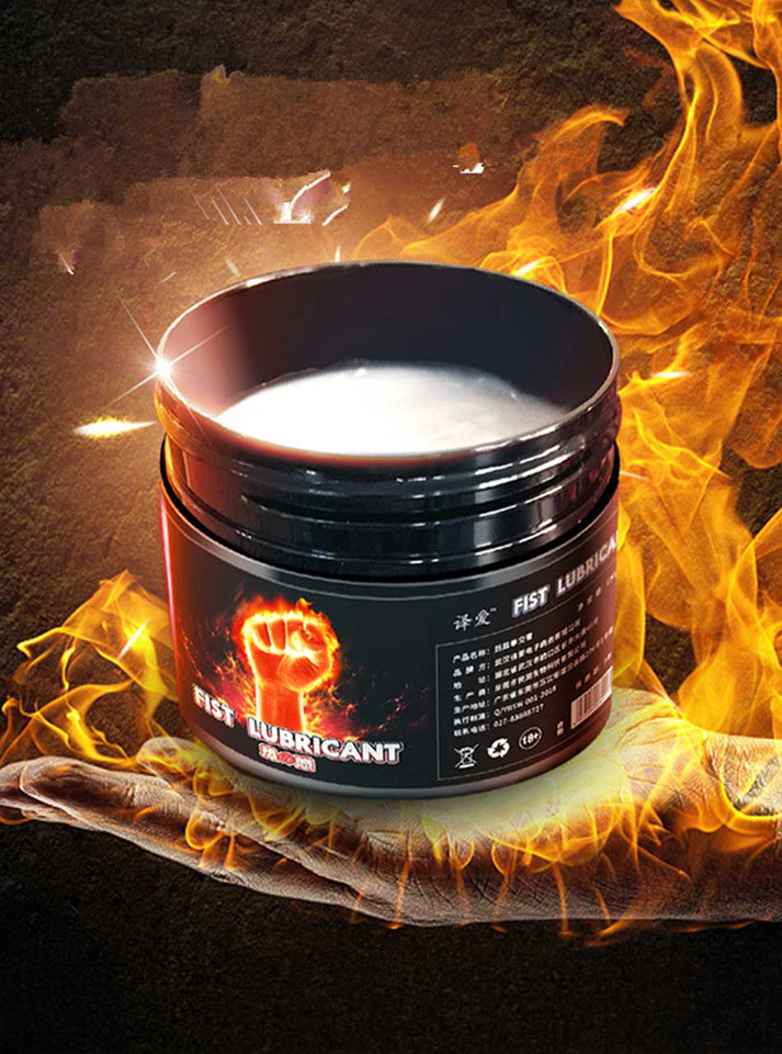 Warming fisting lubricant jar surrounded by flame visual effect