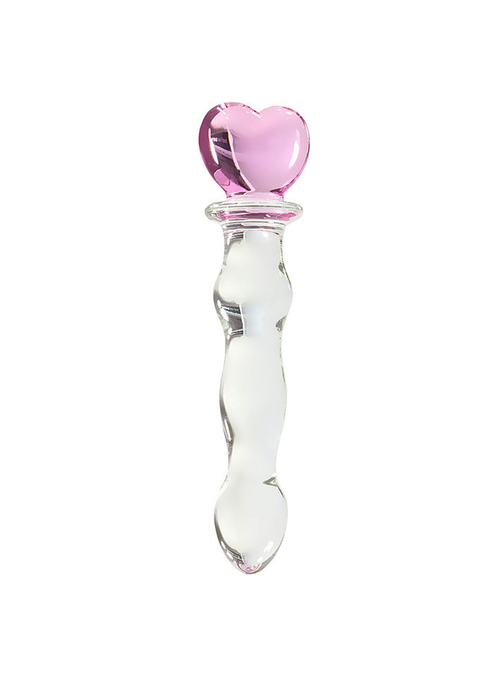 Pink heart crystal glass anal wand with clear curved shaft and smooth sculpted swells