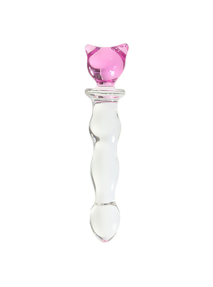 Pink cat crystal glass anal wand with clear curved shaft and playful cat-shaped handle