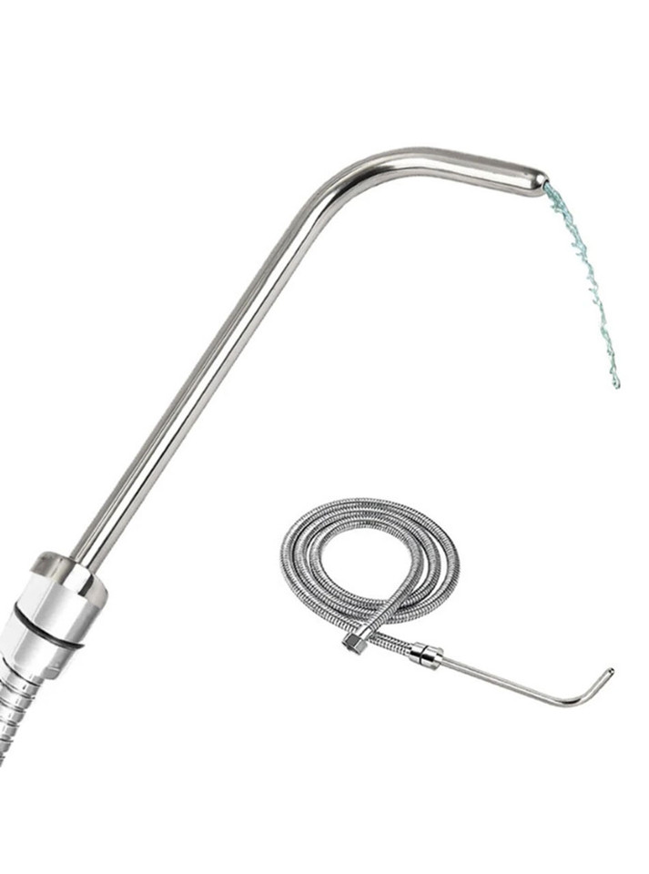 Stainless steel curved douche nozzle attached to shower hose with water flow example
