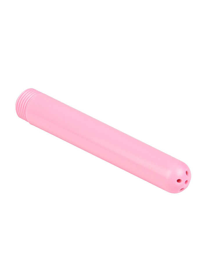 Pink ABS thick tube douche nozzle angled to show rounded multi-hole tip and smooth straight body