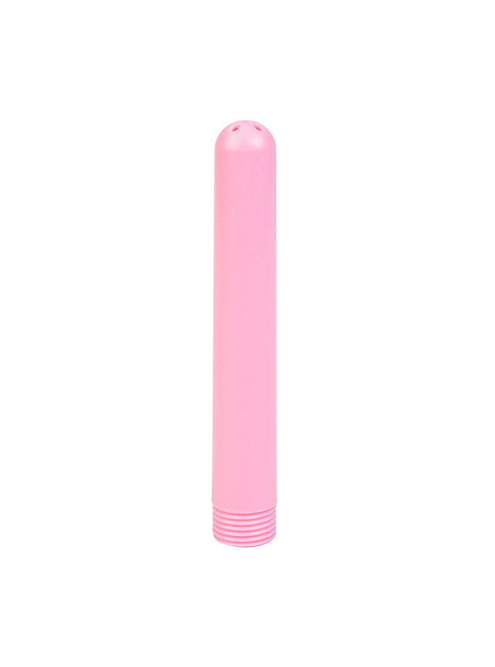 Pink ABS thick tube shower douche nozzle standing upright with rounded tip and threaded base