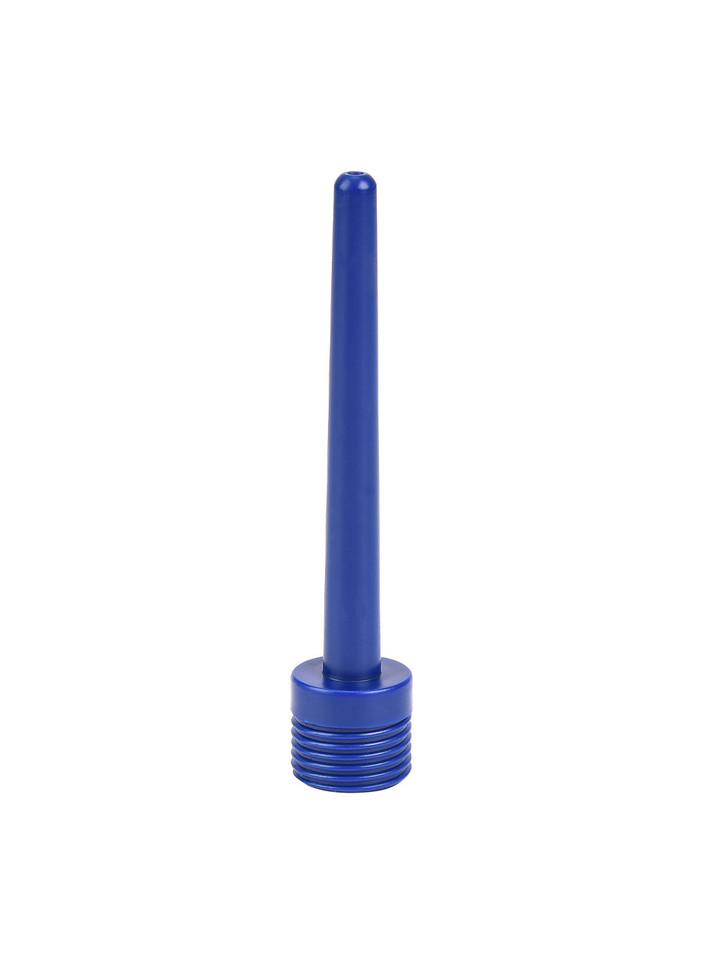 Blue ABS slim shower douche nozzle standing upright with threaded base