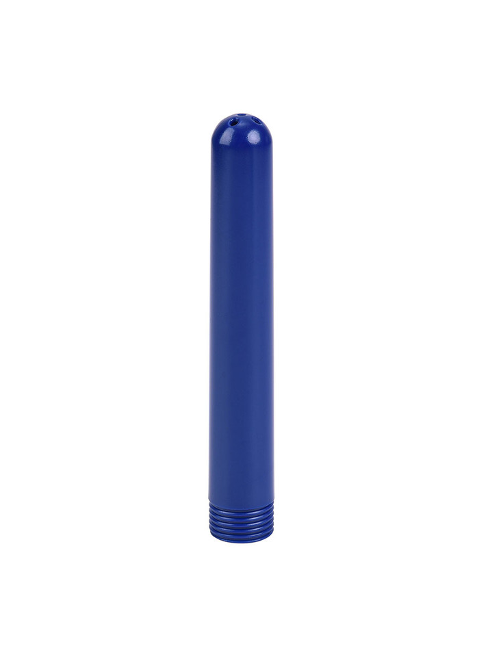 Blue ABS thick tube douche nozzle standing upright with rounded multi-hole tip