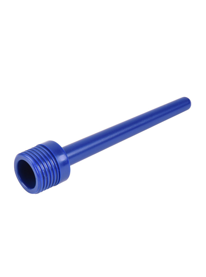 Blue ABS slim shower douche nozzle shown from side with hollow threaded connector