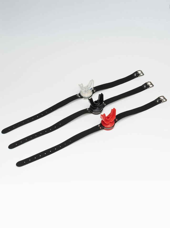 Clear, black, and red piss play mouth gags with adjustable straps