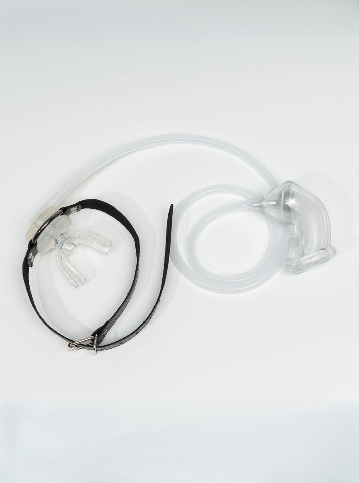 Piss play mouth gag with clear silicone sleeve and tube