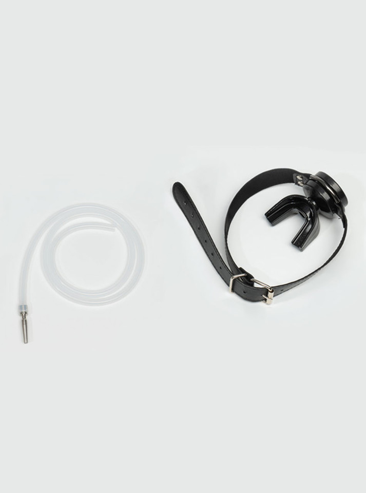 Black piss play mouth gag with clear tube and hollow penis plug