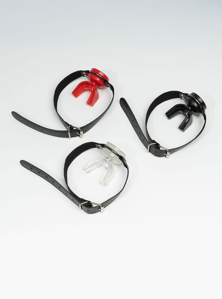 Red, black, and transparent silicone mouth gags for watersports play
