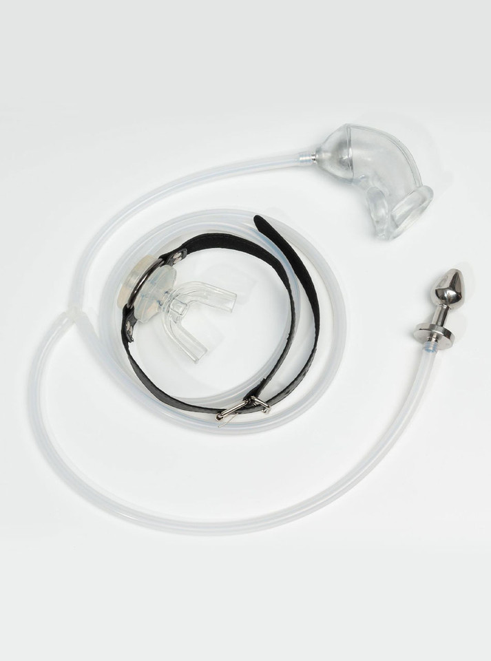 Transparent piss play mouth gag kit with hollow anal plug, clear tube, and clear sleeve