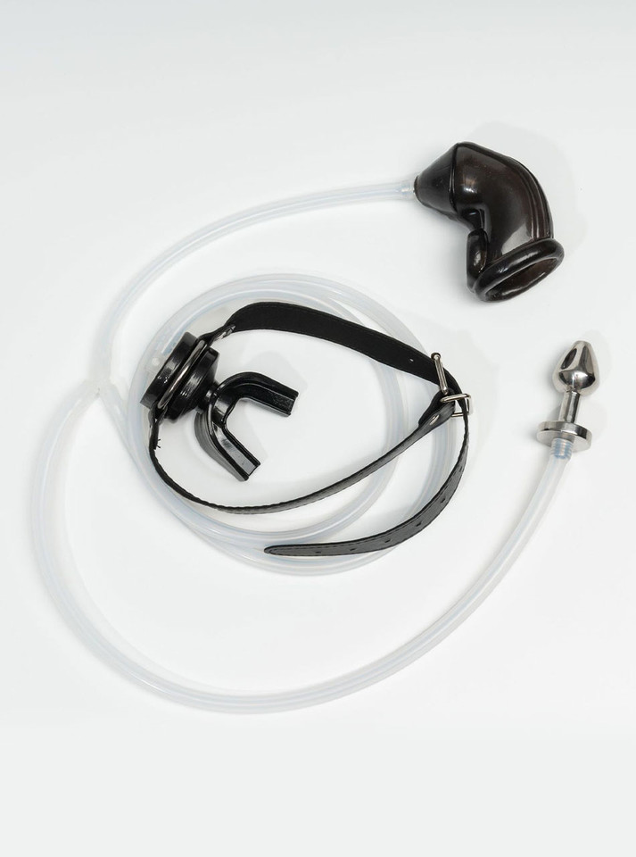 Black piss play mouth gag kit with hollow anal plug, clear tube, and black sleeve