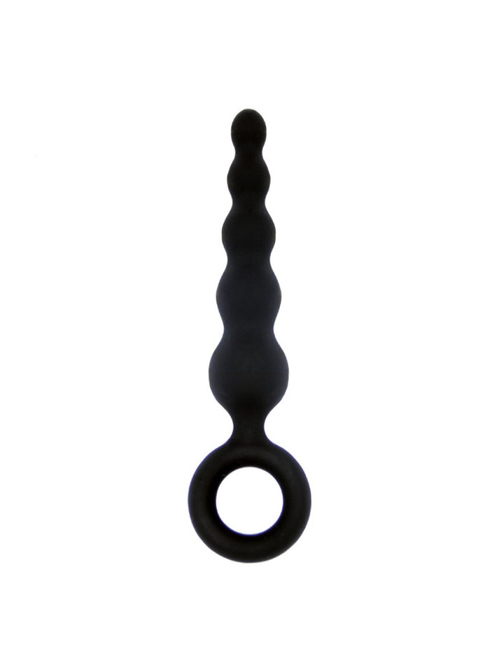 Long black silicone beaded anal trainer with ring handle