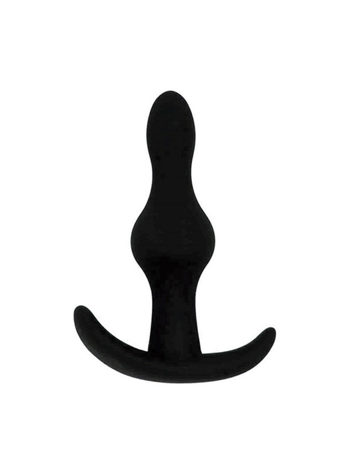 Black silicone curved bulb anal plug with wide anchor base