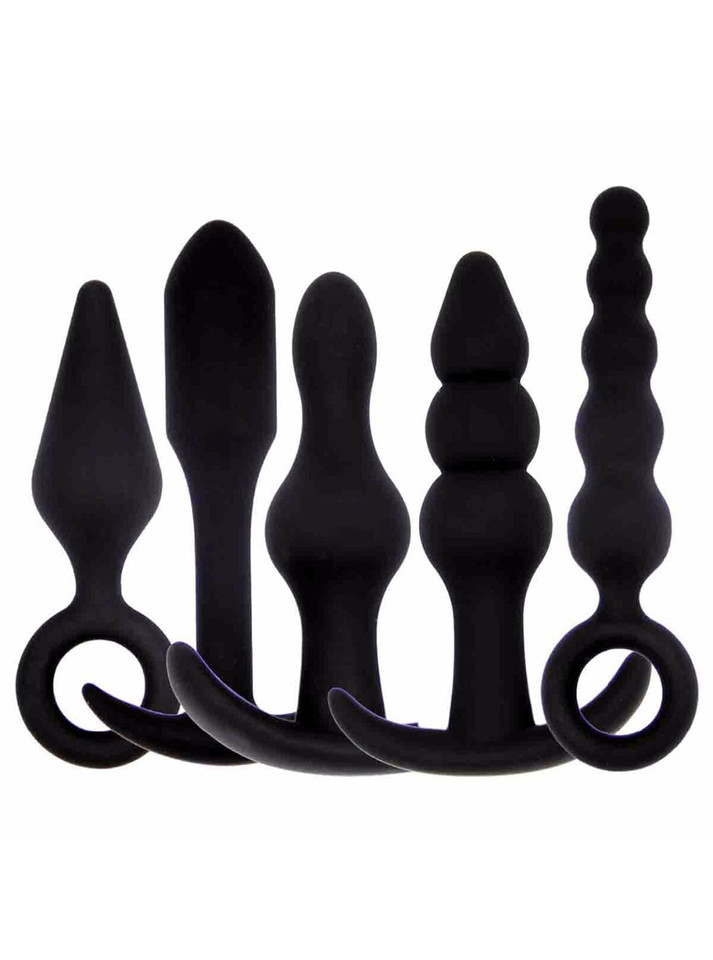 5 piece black silicone anal training set with plugs, beads, and curved base shapes
