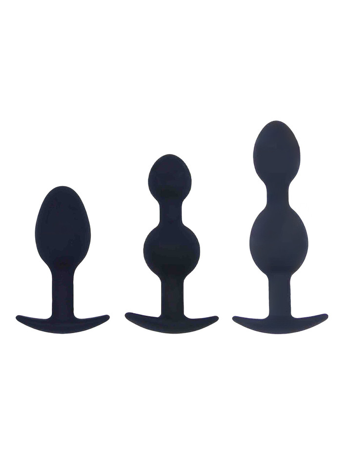 3 piece black silicone anal training set with three wearable plug shapes in different sizes