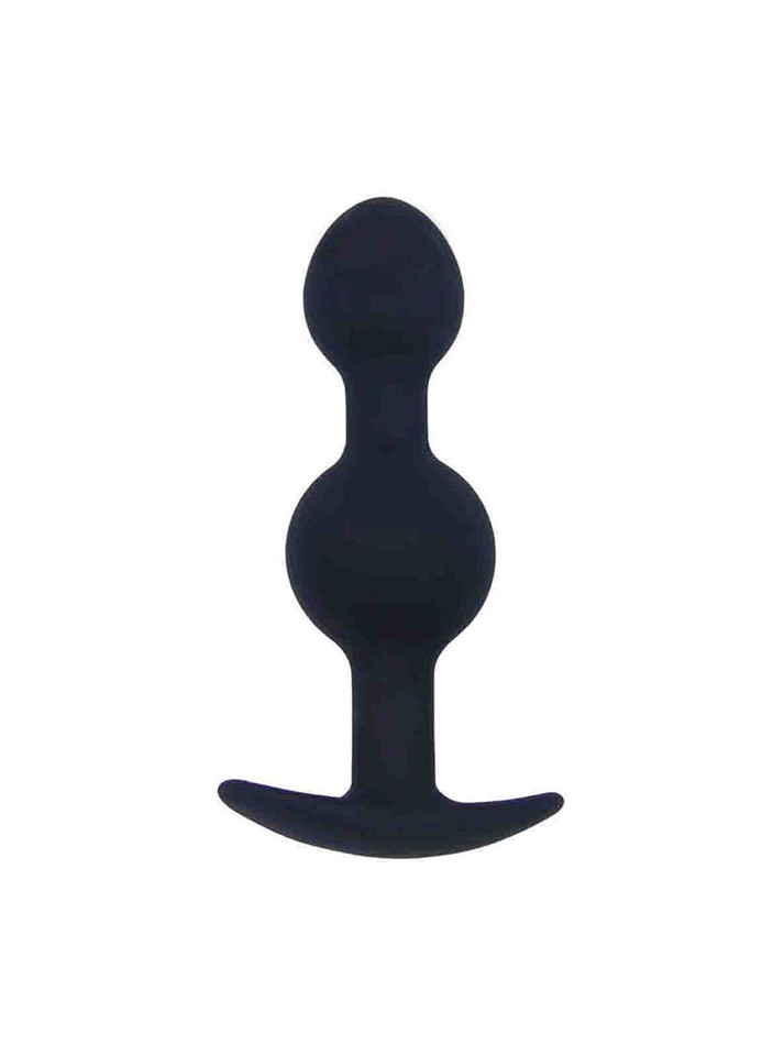 Black silicone double-bulb anal plug with rounded tip, fuller lower bulb, and curved anchor base