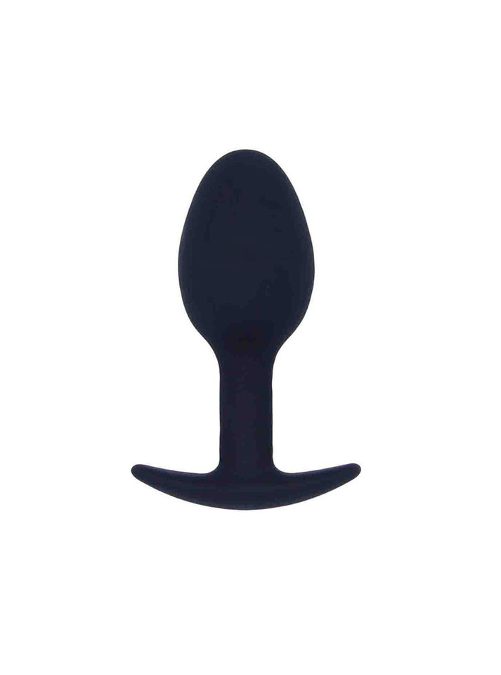 Black silicone starter rounded anal plug with smooth oval tip and curved anchor base
