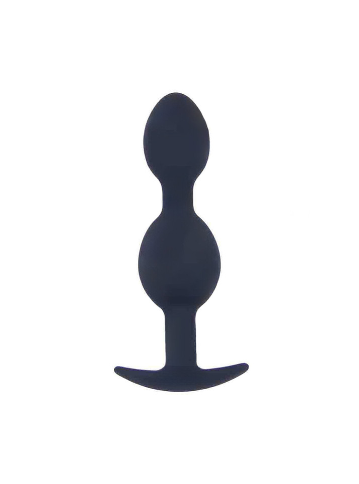 Black silicone larger dual-bulb anal trainer with smooth rounded bulbs and curved anchor base