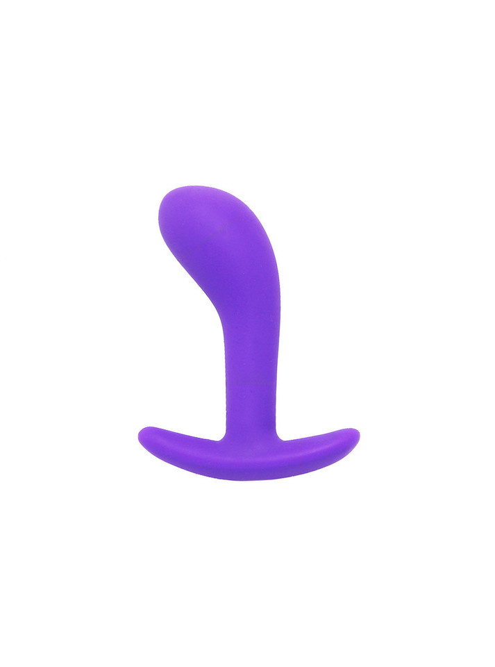 Medium purple curved silicone anchor butt plug with rounded curved tip and safety handle base