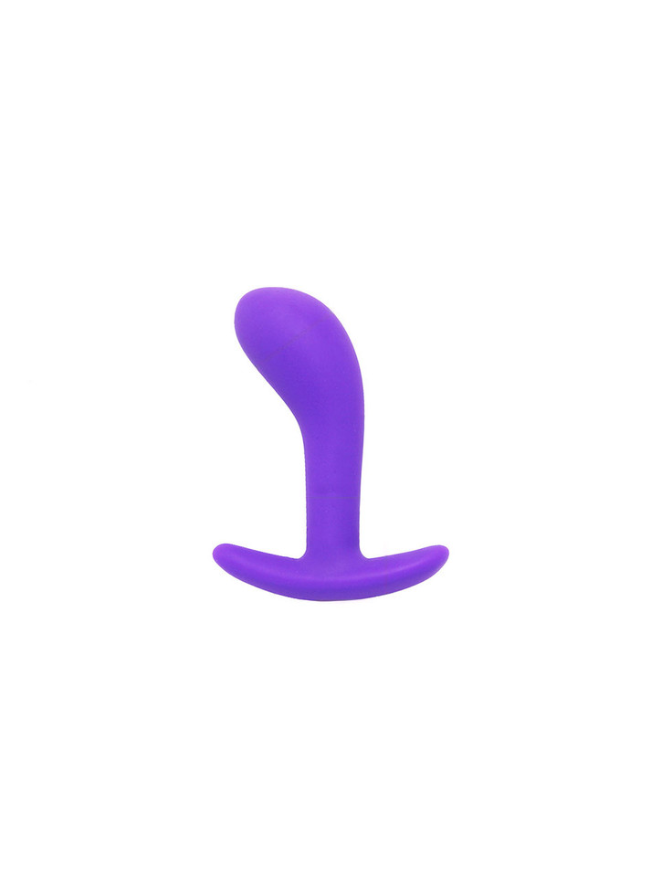 Small purple curved silicone anchor butt plug with wide T-style handle base