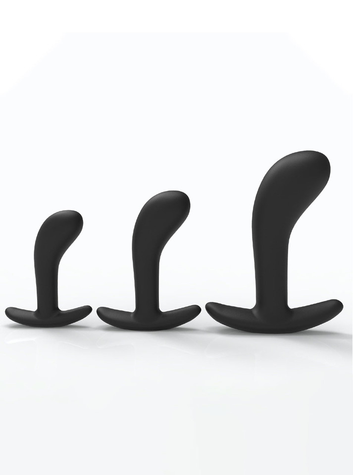 Black curved silicone butt plug set with three size options for anal training