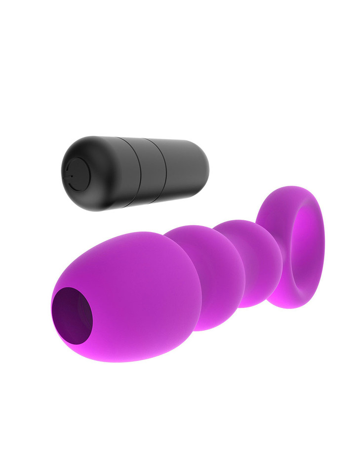 Purple 4 bead vibrating anal plug with removable bullet shown separately