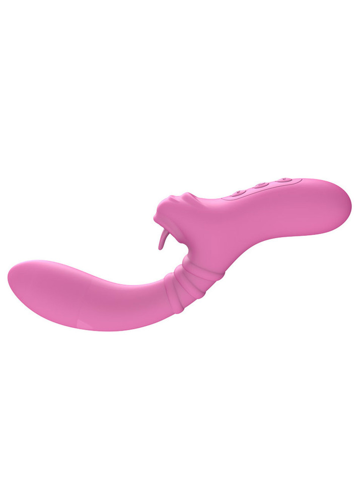 Dark pink silicone tongue-licking vibrator with curved insertable shaft and external teaser