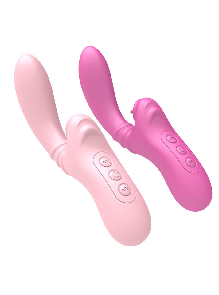 Light pink and dark pink tongue-licking massage vibrators with curved silicone shafts and button controls