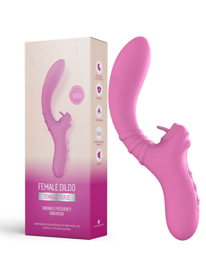 Dark pink tongue-licking massage vibrator with curved silicone shaft and retail box