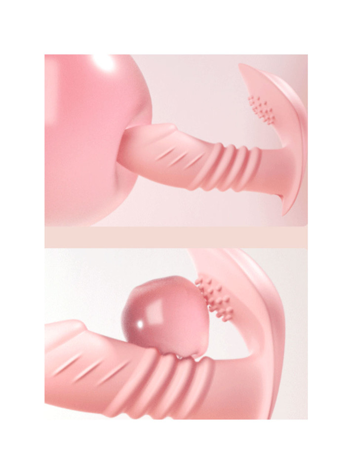 Close-up of pink thrusting vibrator showing ribbed shaft and textured external clitoral stimulator