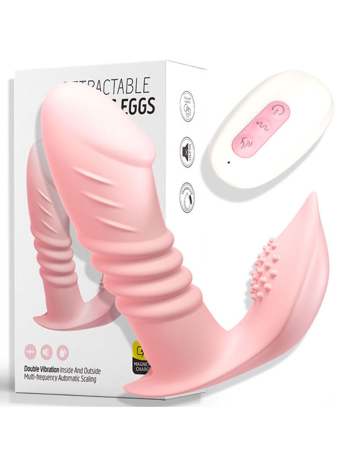 Pink thrusting vibrator with remote control, curved insertable shaft and textured external clitoral stimulator