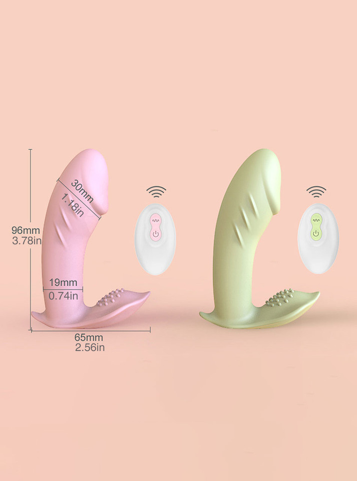 Pink and green remote control wearable butterfly vibrators showing compact 96 mm internal arm and 30 mm width