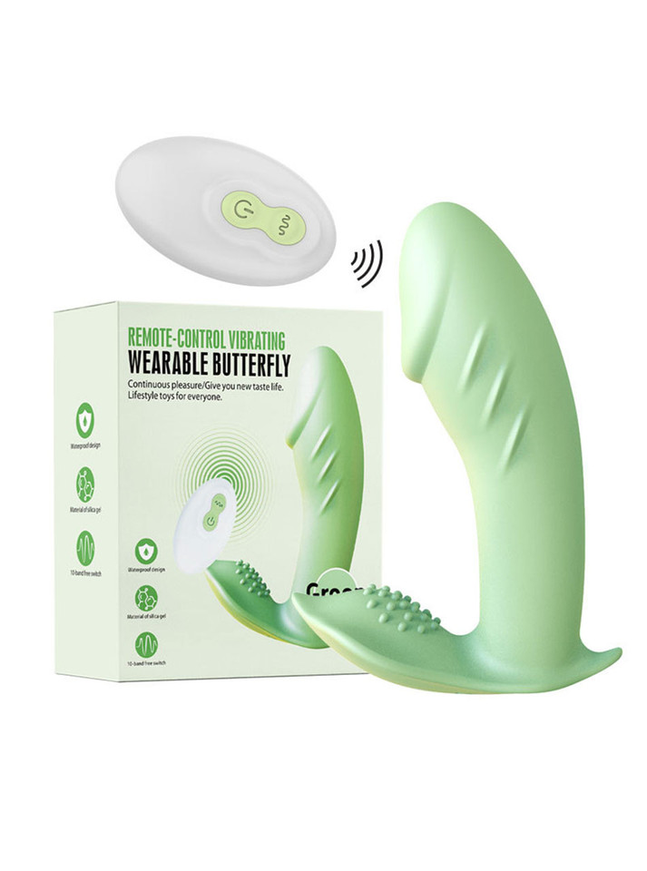 Green remote control wearable butterfly vibrator with silicone body, textured clitoral pad and wireless remote